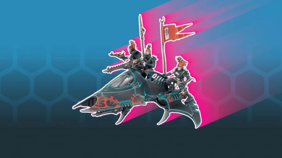 Warhammer 40k detachment - a Drukhari Venom, a light skimmer vehicle with a roughly triangular shape, crewed by four Dark Eldar
