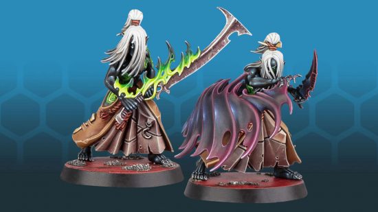 Warhammer 40k Drukhari Mandrakes - elfin creatures with long white hair and onyx skin, wearing robes of skins, one armed with a two-handed sword, one manipulatnig a cloak of darkness