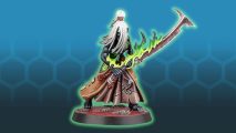 Warhammer 40k Drukhari Mandrake with two-handed sword - an elfin creature with long white hair and onyx skin, wearing a robe of skins, armed with a blazing two-handed blade
