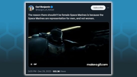 Warhammer 40k female space marines final decision - twitter screenshot showing a tweet from Carl Benjamin saying Space Marines are representation for men not women