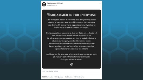 Warhammer 40k female space marines final decision - twitter screenshot showing a tweeted statement from GW claiming Warhammer is for everyone.