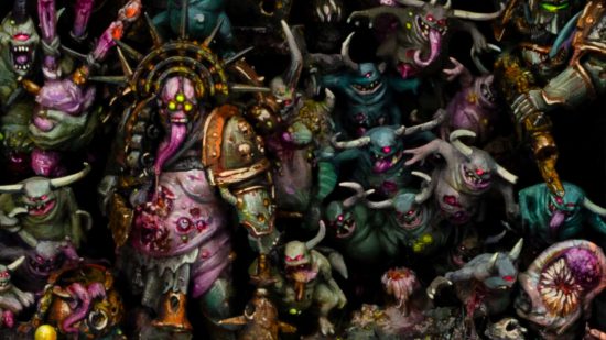 Warhammer 40k Garden of Nurgle diorama - a Plague Marine looms from a tide of nurglings