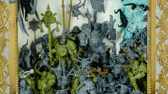 Warhammer 40k Garden of Nurgle diorama, work in progress, plastic miniatures assembled into a montage