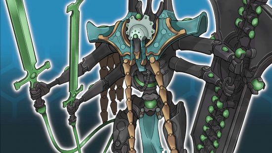 Warhammer 40k Necron unit concept art - Mortekh Void Walker, a four-armed Necron behemoth with broad shoulders, two swords, and a massive shield
