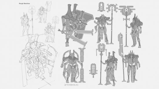 Warhammer 40k Necron unit concept sketches - a variety of designs for a Mortekh Void Walker, a four-armed Necron behemoth with a selection of possible weapons