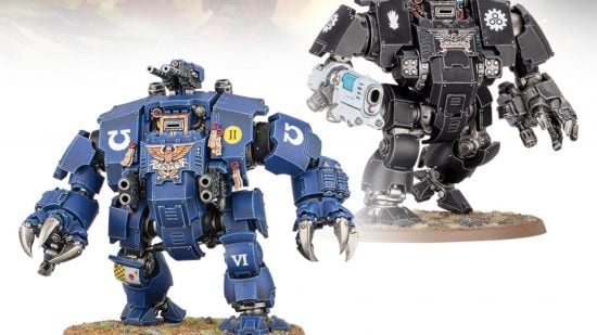Warhammer 40k Space Marines guide - Games Workshop photo showing an Ultramarines Brutalis Dreadnought and an Iron Hands Redemptor Dreadnought