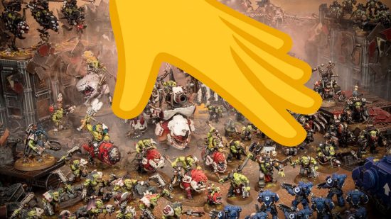 Warhammer addiction - a yellow emoji hand reaches down to grab a handful of Warhammer Orks models