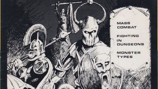 First edition rules booklet for Warhammer Fantasy Battle - black and white illustration showing warriors in baroque armor
