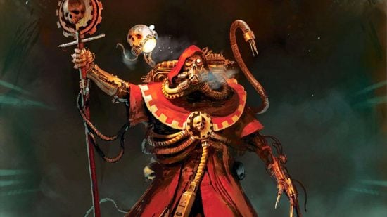 Warhammer factory - artwork by Games Workshop of an Adeptus Mechanicus tech priest, dressed in red robes and connected to multiple cybernetic implants