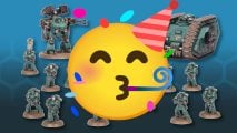 Warhammer the Horus Heresy Space Marine battlegroup giveaway for 5,000 facebook followers - background, Sons of Horus Space Marines in sea green power armor, with a Deredeo dreadnought and Land Raider tank - foreground, a yellow emoji face wearing a party hat and blowing a party whistle