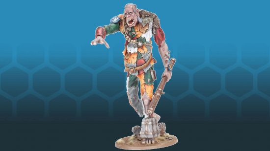 Warhammer: The Old World bonegrinder giant, a huge humanoid monster wielding part of a trebuchet as a flail, covered in patchwork clothing