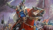 Warhammer The Old World Bretonnia - a Knight on a steed in red and blue barding charges forward, sword raised