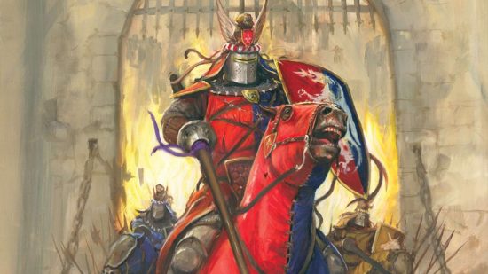 Warhammer The Old World Bretonnia - a Knight on a barded steed in red and blue armor rides forward, lance lowered