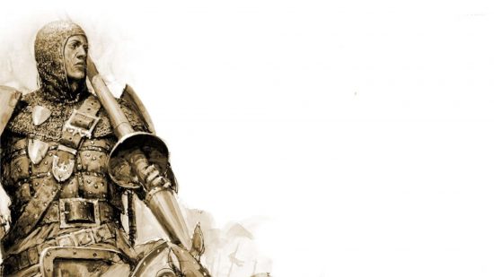 Warhammer The Old World Bretonnia - a line illustration of a young Knight Errant, holding a lance on his shoulder