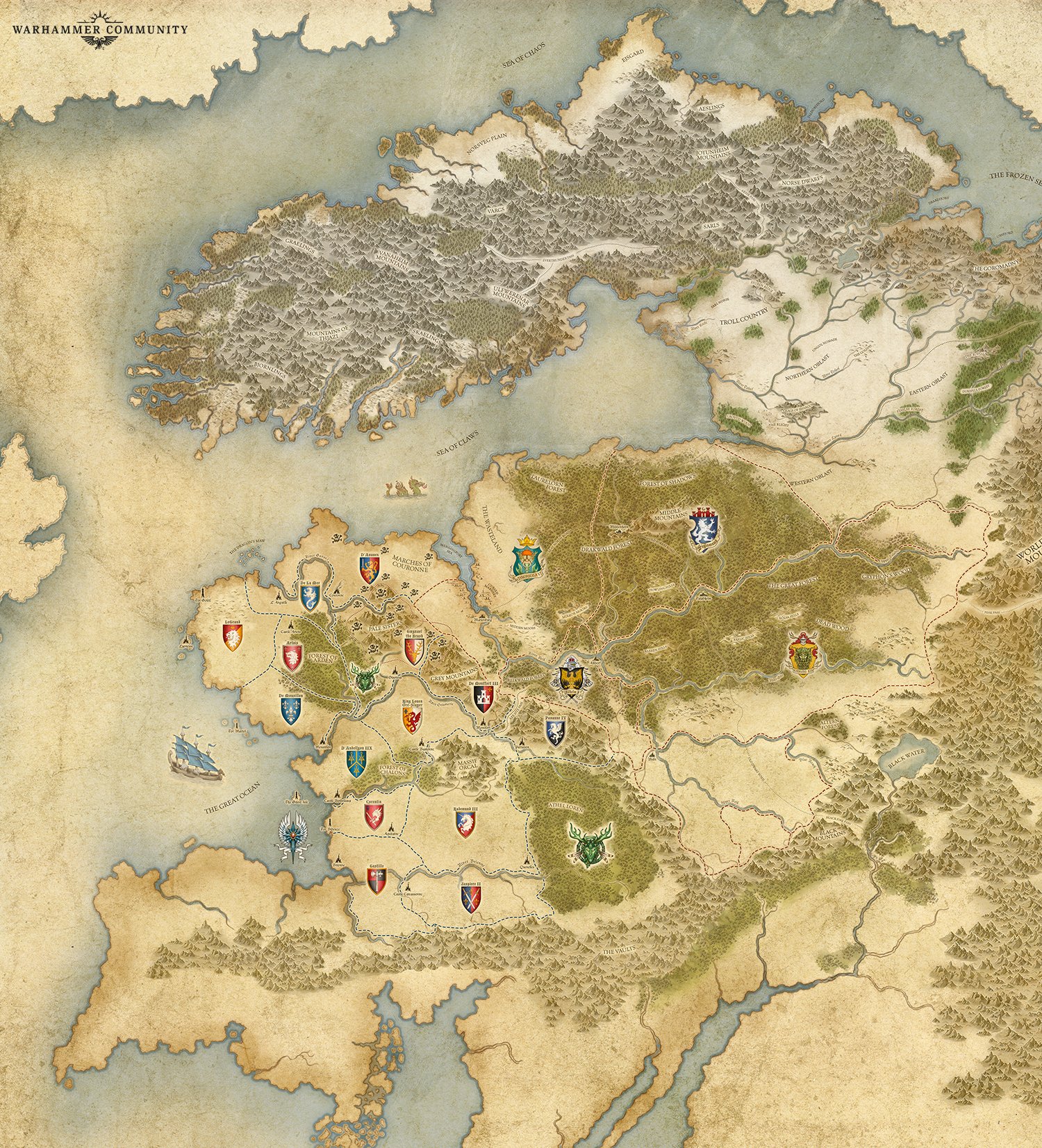 Warhammer The Old World Bretonnia map, a fantasy realm similar in shape to Europe