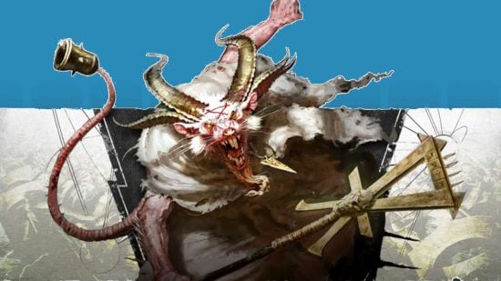 Warhammer The Old World Legacy Factions army lists - a shrieking, white-furred, horned ratman wielding a staff