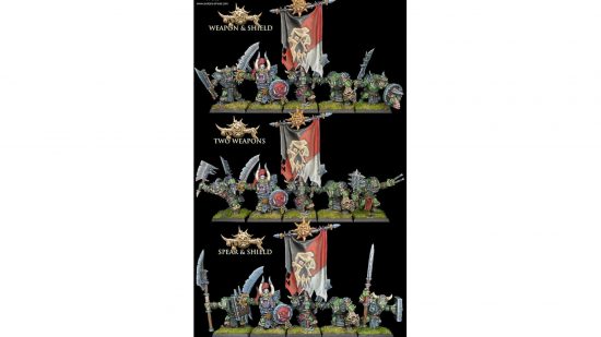 Warhammer the Old World Orcs - examples of three units of multipart Avatars of War Orc models in scrappy armor, variously wielding sword and shield, two hand weapons, and spear and shield