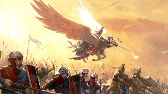 Warhammer The Old World RPG - a Bretonnian Knight on a pegasus flies above a battleline of peasants