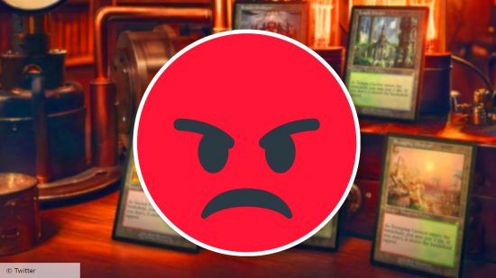 Wizards of the Coast AI art angry - An angry Twitter emoji in front of a piece of AI-generated art used by Wizards of the Coast