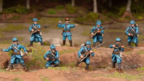 WW1 wargames Through the Mud and the Blood - French Infantry in blue uniforms advance across open ground