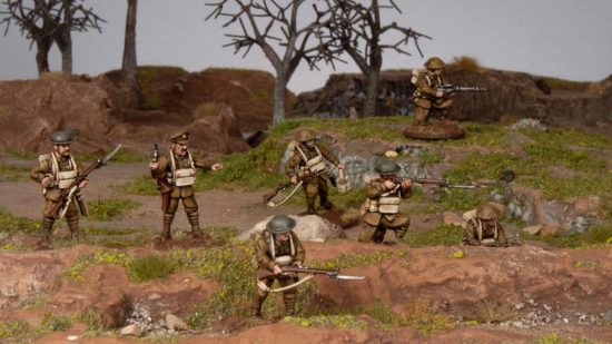 WW1 wargame miniatures by Wargames Atlantic - a squad of British soldiers advance across open ground