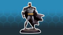 Batman The Animated series miniatures - Batman, a square-shouldered, square jawed man in a grey suit with a black cape and yellow utility belt, wearing a black face mask over his eyes