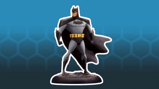 Batman The Animated series miniatures - Batman, a square-shouldered, square jawed man in a grey suit with a black cape and yellow utility belt, wearing a black face mask over his eyes