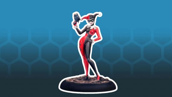 Batman The Animated series miniatures - Harley Quinn, an athletic woman in a black and red domino costume with a two-horned jesters cap, holding a pistol