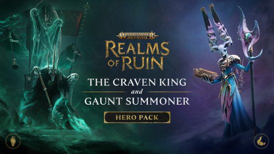 Warhammer Age of Sigmar Realms of Ruin DLC banner, showing on the left a ghostly figure hunched in a stone throne holding a mace, and on the right a monstrous sorcerer with large eye-covered horns growing from the top of its head