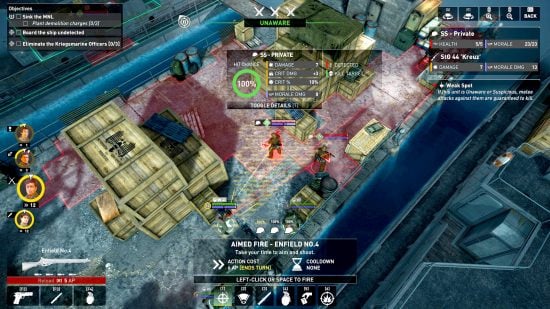 Classified France 44 release date - Team17 screenshot showing the in-game tactical information and UI, as a character fights in a dockyard