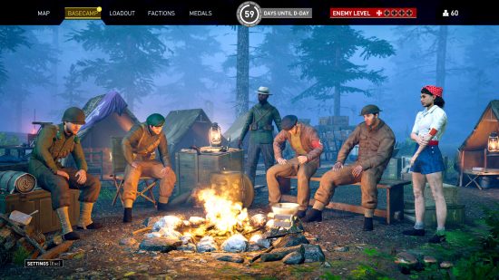 Classified France 44 release date - Team17 screenshot showing the team campsite screen between missions, with multiple characters resting together