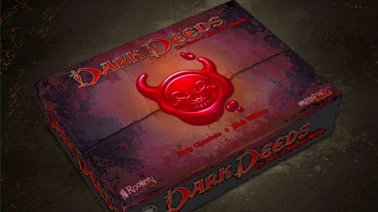 Dark Deeds card game designed by ex-Games Workshop legends - product photograph of the box art, a prominent wax seal with devilish horns