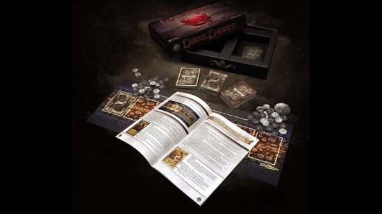 Dark Deeds card game designed by ex-Games Workshop legends - product photograph showing cards, box, and rulebook