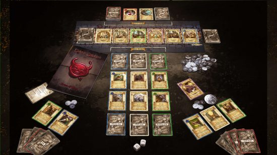 Dark Deeds card game designed by ex-Games Workshop legends - product photograph showing a spread of cards in play