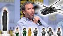 Denis Villeneuve Dune 2 Lego Ornithopter - Wikimedia Commons image showing director Denis Villeneuve answering panel questions at a Comic Con, overlaid with official Lego images of the Dune Atreides Royal Ornithopter set, and the included minifigures of Dune characters