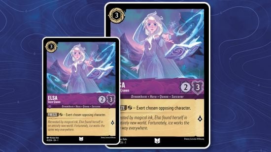 Disney Lorcana card size - Ravensburger image of two different-sized copies of TCG card Elsa, Snow Queen