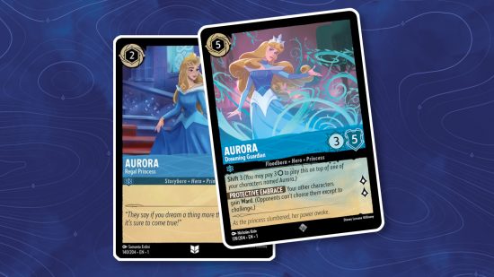 Disney Lorcana Shift rules - image of a Ravensburger Aurora TCG card being placed on top of another one