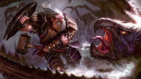 Wizards of the Coast art of a DnD Battle Master 5e Dwarf fighting a monster