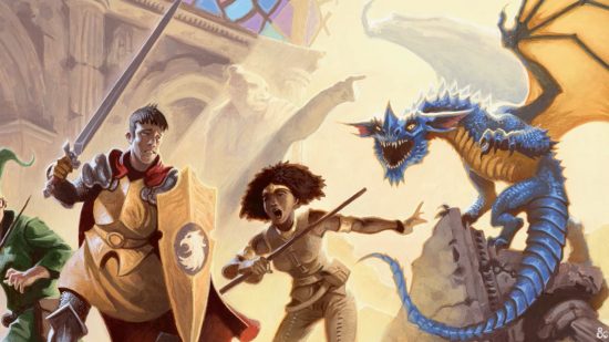 DnD Battle Master 5e - Wizards of the Coast art of adventurers battling a blue dragon wymrling
