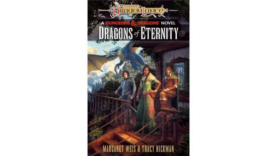 DnD Dragonlance Book Dragons of Eternity cover art - against a backdrop of cloud-wreathed mountains and forested valleys, a party of adventurers stand before an inn, a blue dragon stretching its wings behind them