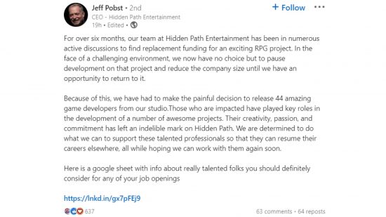 DnD Games Studio layoffs LinkedIn post