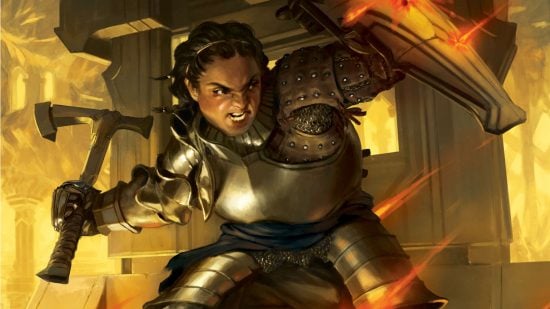 A female DnD Paladin 5e Dwarf wearing plate armor, wielding a shield and swinging a hammer