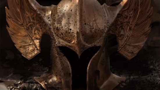 The helm of a DnD Paladin 5e, an ornate, winged bronze helmet