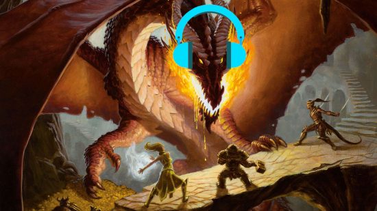 A dragon listening to DnD podcasts on a pair of blue headphones, harassed by two adventurers