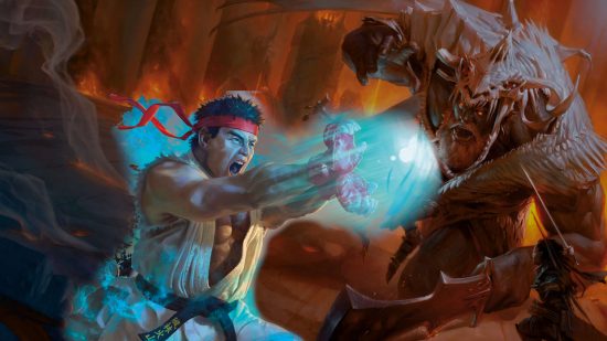 DnD Universes Beyond - Ryu, a martial artist from the Street Fighter universe, fires a Hadouken! fireball at a fire giant