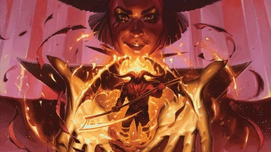 DnD Warlock subclasses, Fiend patron - a woman gholds out her hands, her palms lit with fire, in which is silhouetted the figure of a horned daemon wielding a scythe
