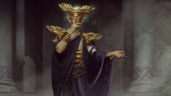 DnD Warlock subclasses, Great Old One - a robed figure wearing gold pauldrons and a strange ,eyeless helm