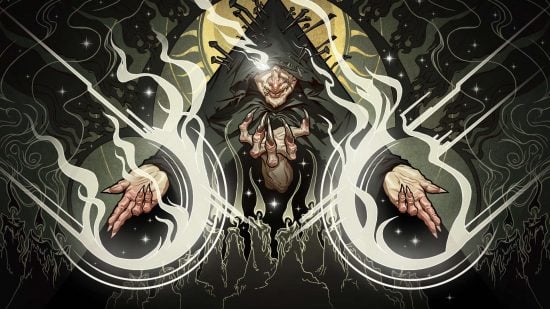 DnD Warlock subclasses, Undying - a hooded old woman with three hands, with energy crackling around her hands
