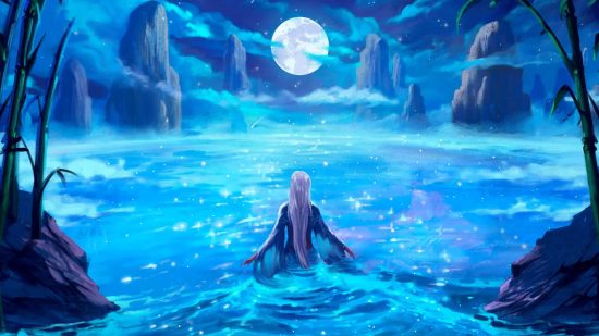 Flesh and Blood set Part the Mistveil - a woman with long white hair walks into a lake underneath a full moon, shimmering lights reflecting from the surface