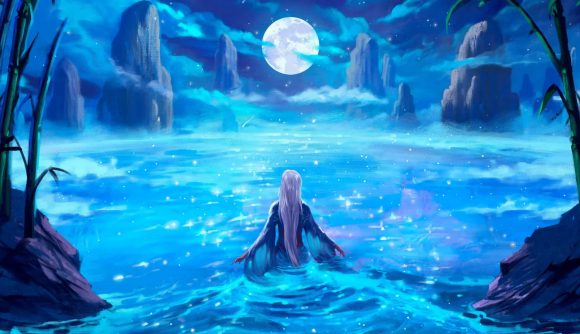 Flesh and Blood set Part the Mistveil - a woman with long white hair walks into a lake underneath a full moon, shimmering lights reflecting from the surface